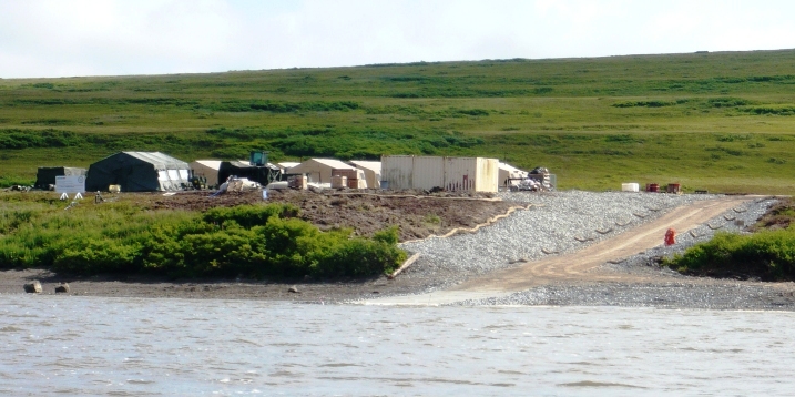 View of the Mertarvik barge banding and the IRT base camp